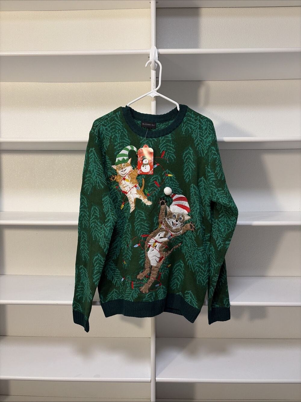 Blizzard Bay Men’s UglyChristmas Sweater Cats Jingle Bell new NWT sz L Green